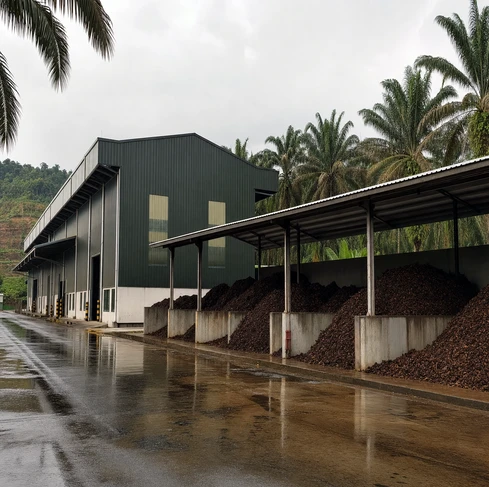 A palm shell pellet plant with a capacity of 4-6 tons/hour in Malaysia